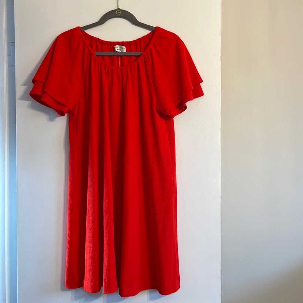 Madewell Texture & Thread Tiered-Sleeve Dress; Flowy Red Orange. NWT
